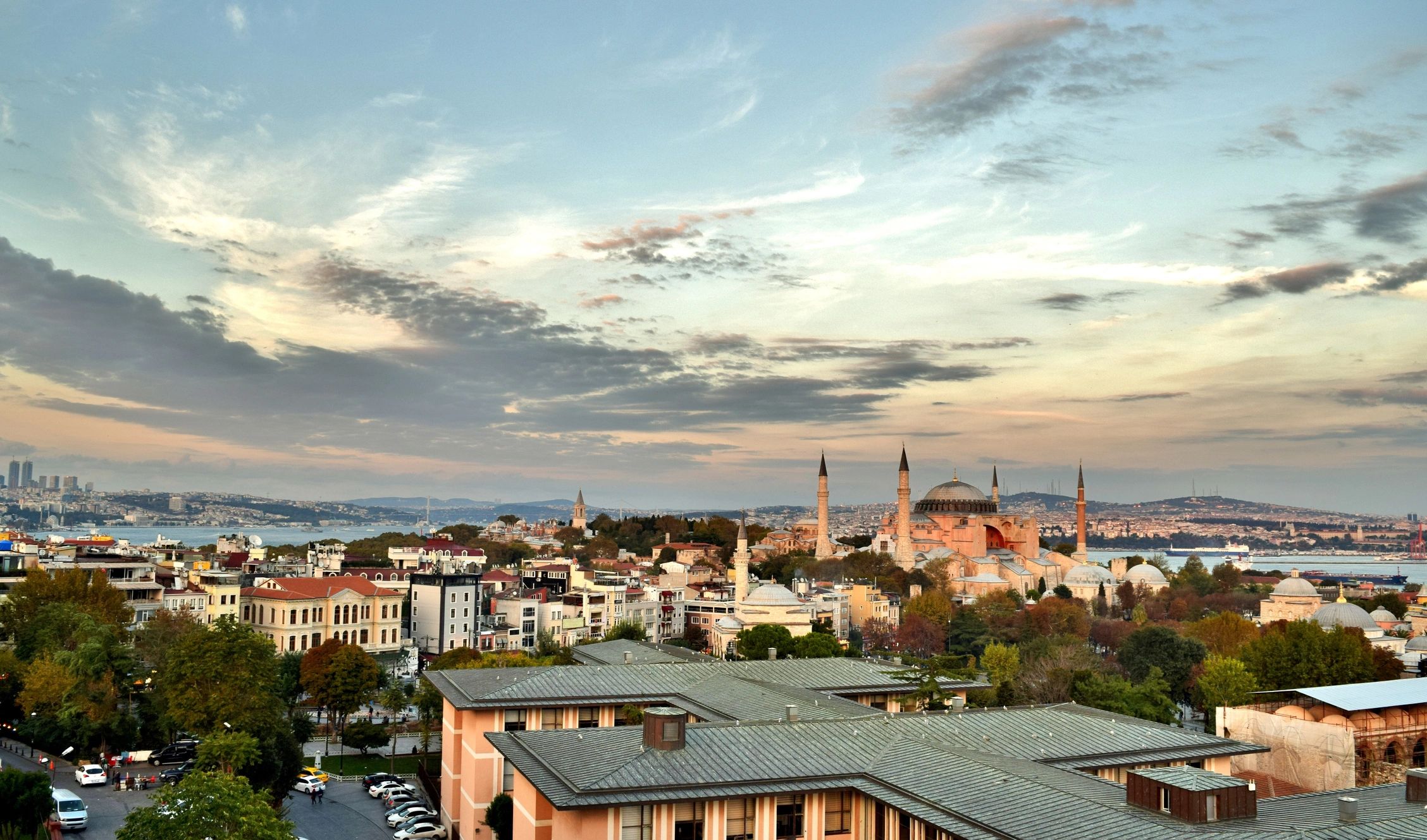 Hagia Sophia and Istanbul Old City at dusk.