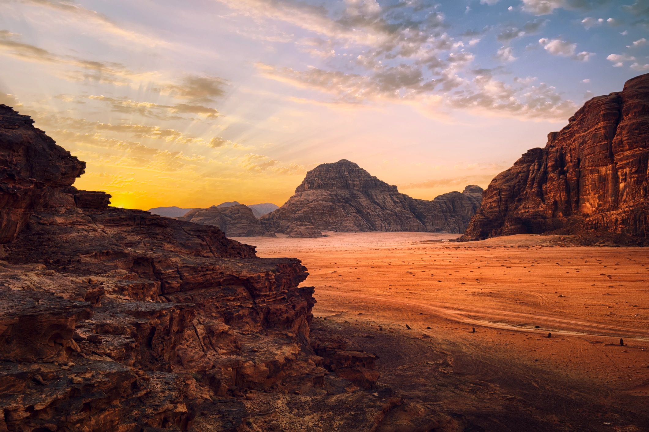 Sandstone mountains and red desert in Wadi Rum, Jordan